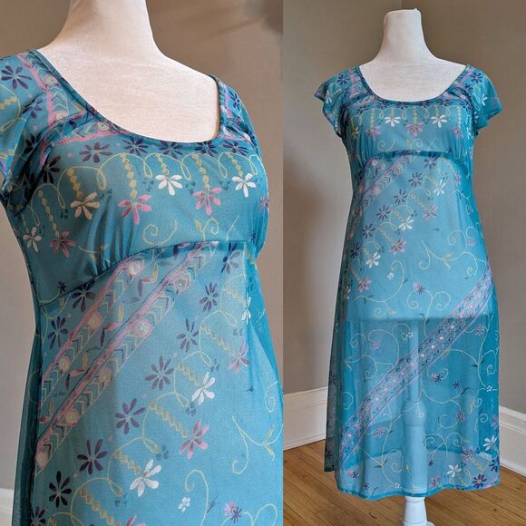 Vintage Dresses & Skirts - Vintage Y2K Floral Mesh Overlay Mini Dress, Empire Waist, Fairycore, Size 4P